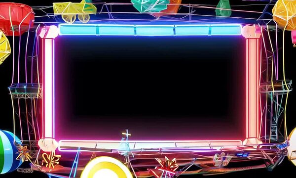 Neon carnival border frame with patk rides fairground element themed playful celebration 