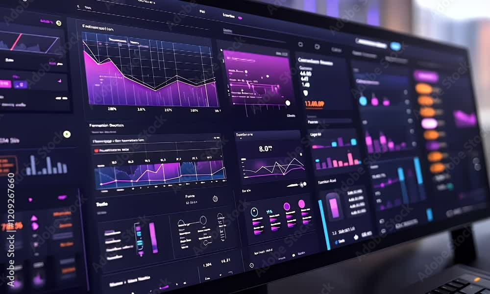 Poster data analysis dashboard on large monitor, office background