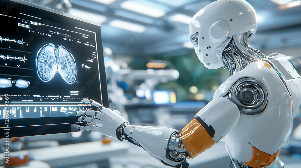 Poster robotic medical assistant analyzes brain scan data high-tech lab digital art futuristic environment 