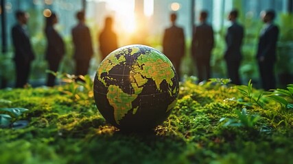 Global Sustainability: A miniature globe sits on a bed of lush green moss, with a silhouette of a diverse business team standing in the background.
