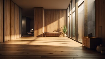 Fototapeta premium Minimalist Modern Wooden Room with Skylight and Large Windows Overlooking Nature
