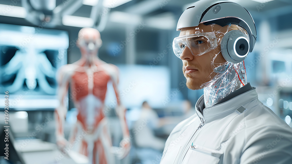 Poster innovative robotics and human integration modern lab technology visualization scientific environment