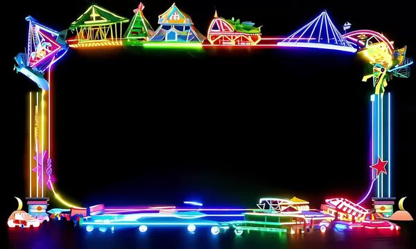 Carnival border frame neon with patk rides fairground element themed joyful celebration 