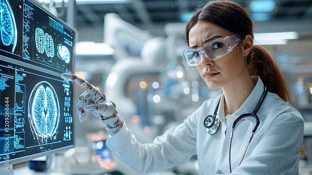 Poster medical professional analyzing brain imaging data in a high-tech lab setting insightful medical scie