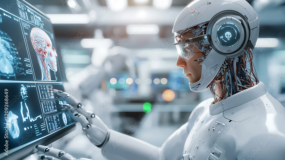 Poster advanced ai robotics interaction in a futuristic laboratory technology digital art high-tech environ