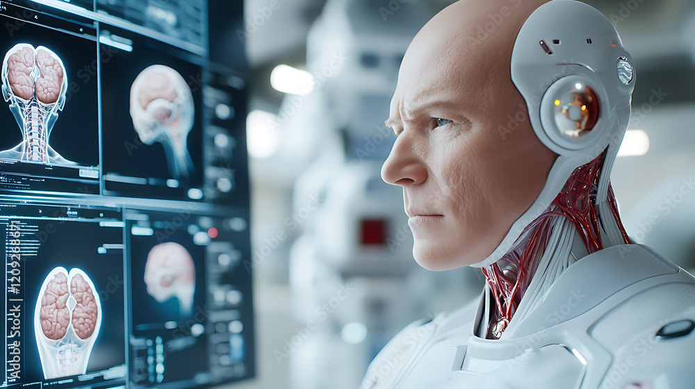 Poster robotic intelligence analysis futuristic laboratory digital visualization high-tech environment clos