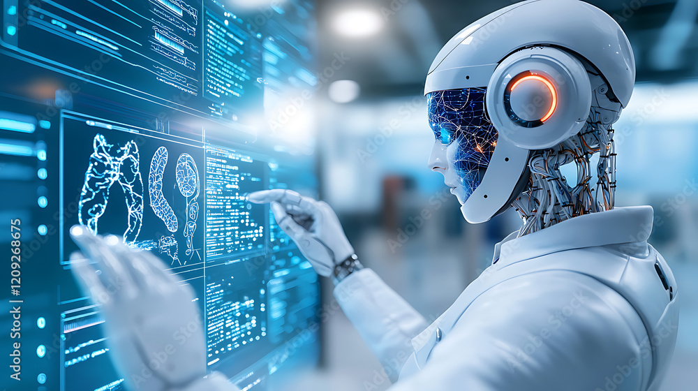 Poster robotic interaction with digital data futuristic lab technology visualization modern environment clo