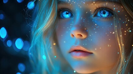 Enchanting Portrait of a Young Girl with Sparkling Blue Eyes Surrounded by Ethereal Lights, Symbolizing Imagination and Dreamy Wonder in Fantasy World