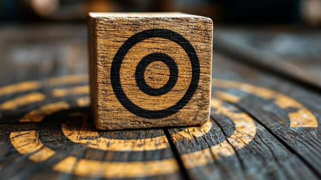 Wooden Target Block: A close-up shot of a wooden block with a bullseye target painted on it, resting on a textured wooden surface, hinting at a game of skill and precision. 