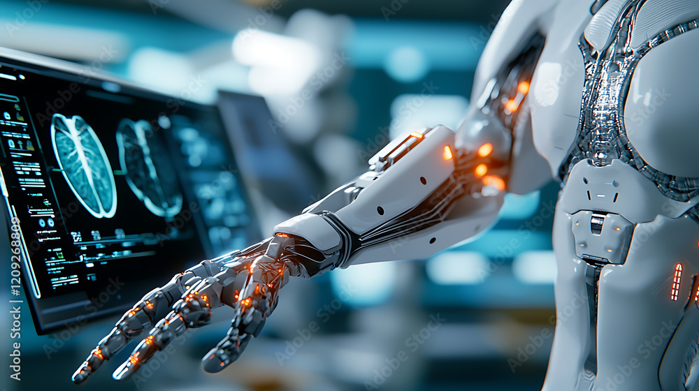 Poster advanced robotics arm technology futuristic lab digital imaging high-tech environment close-up view 