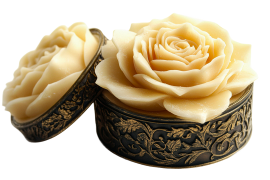 Intricate rose-shaped candles in decorative holders isolated on transparent background
