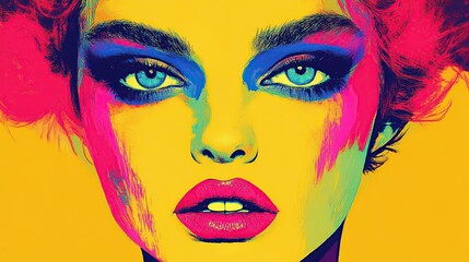 Obraz premium Illustration of a beautiful woman with colorful makeup and abstract face in close-up view highlighting her eyes, lips and skin with a stylish and glamorous fashion feel