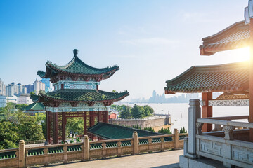 Naklejka premium The ancient building Tengwang Pavilion and urban scenery in Nanchang, Jiangxi Province, China, on July 12, 2023
