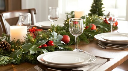 Elegant Christmas Dining Table Setting: A Festive Display of Holiday Cheer and Seasonal Decor