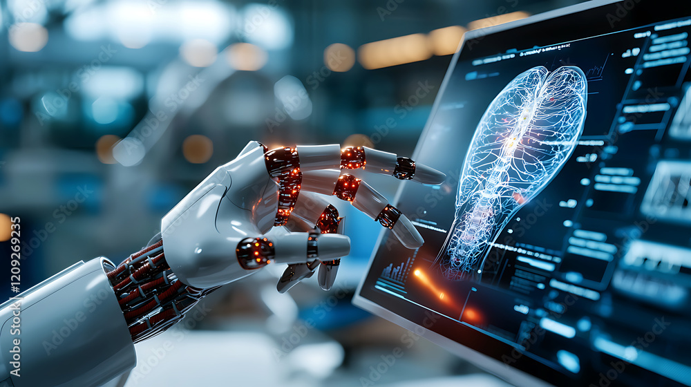 Poster exploring ai interaction robotic hand engaging with neural data display technology lab digital innov
