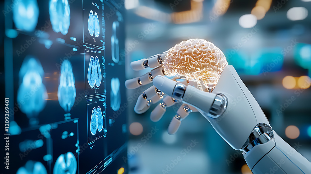 Aufkleber robotic hand analyzes neural activity high-tech lab digital art futuristic environment close-up view