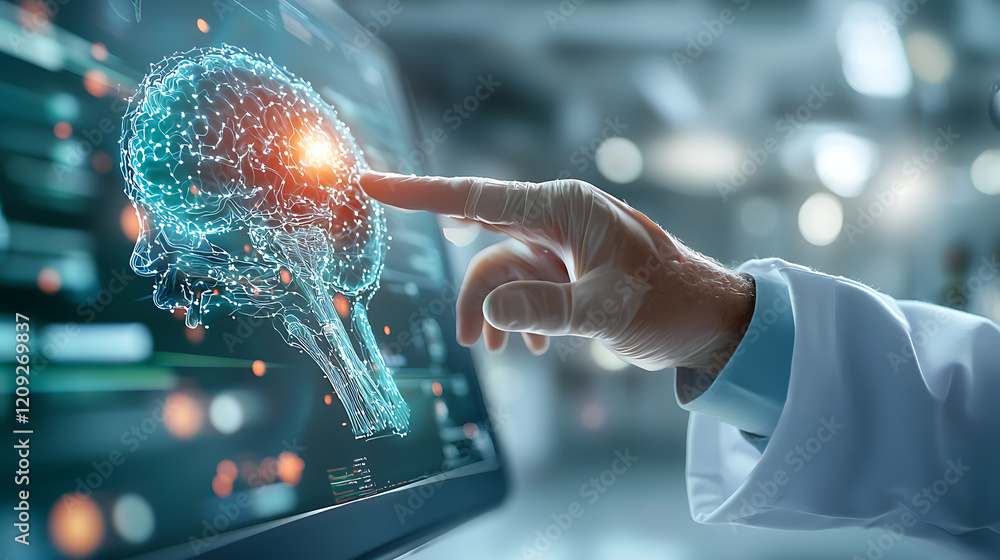 Poster innovative brain-computer interface technology laboratory digital visualization high-tech environmen