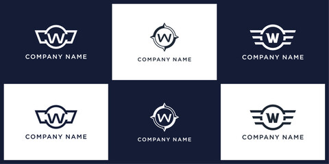 W letter logo set with compass, wing, and ring, editable vector bundle