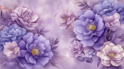Illustration with purple peonies for decoration of banners, business cards, wedding invitations, etc.