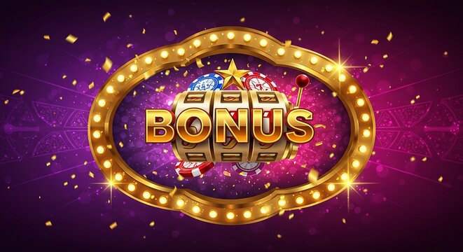 Game concept. Casino Bonus label frame, golden banner, border winner, Vegas game. illustration