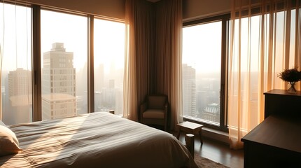 Empty luxury bedroom with large windows and minimalist furniture