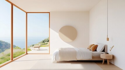 Tranquil bedroom with large window showcasing stunning ocean views for a peaceful retreat.