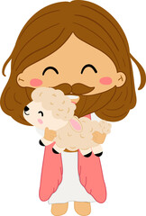 Jesus Carrying Sheep Cartoon Illustration – A Joyful and Caring Depiction of the Savior Smiling and Protecting a Lamb, Perfect for Christian Art, Sunday School, and Inspirational Religious Themes