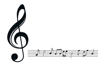 Black treble clef sign, decorated music key symbol, musical melody illustration, notes sound icons. Musical background, design fest card, jazz poster, concert performance banner. Copy space, isolated