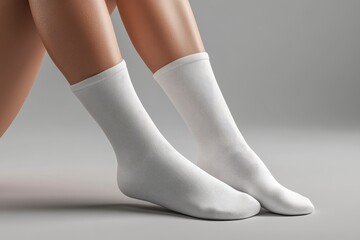 3D rendering of white blank sport socks mockup on a female leg, isolated on a grey background. Close-up view.