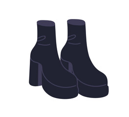 Ankle boots with chunky platform sole. Trendy modern footwear with block heel, sock style, design. Stylish fashion seasonal shoes pair for women. Flat vector illustration isolated on white background