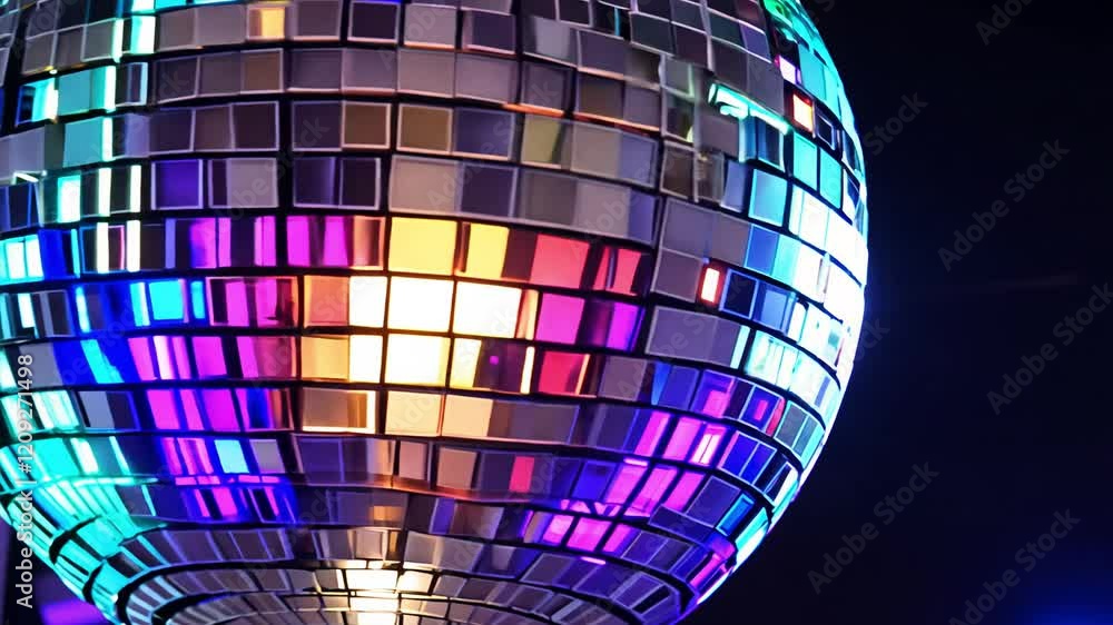 Poster dolly forward video towards a dazzling disco ball covered in tiny multi-colored leds, creating a den