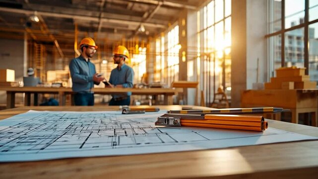 Construction Blueprint: Close-up of a construction blueprint with drafting tools and two engineers in the background.
