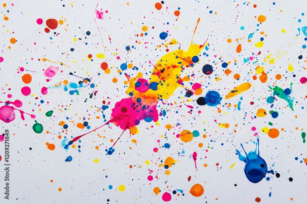 Poster vivid ink splatters form dynamic abstract shapes on a white canvas, showcasing a blend of colors in 