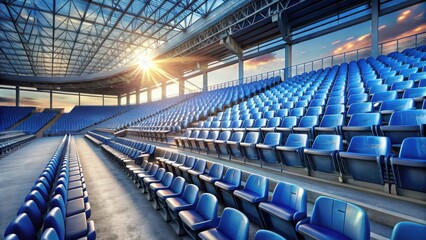 Empty stadium seats bathed in sunset's golden light, a tranquil scene of rows of blue plastic chairs under a modern glass roof