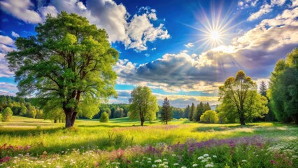Radiant Sunlight Illuminates a Verdant Meadow, Majestic Trees Stand Tall, and Wildflowers Bloom in Vibrant Hues Under a Sky Filled with Puffy Clouds