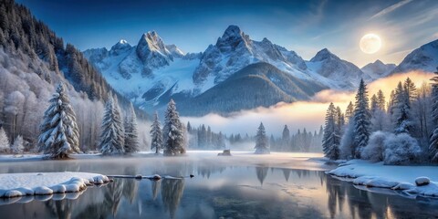 Serene Winter Wonderland Majestic snow-capped peaks reflected in a crystal-clear, frozen lake, surrounded by snow-laden evergreens under a full moon and sunrise