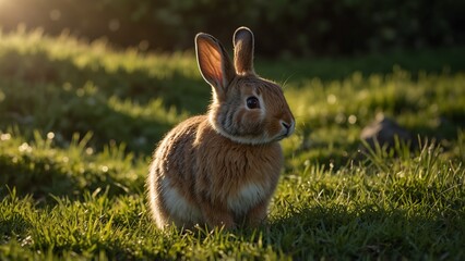 Fototapeta premium Brown and White Rabbit Serene Mood Representing Nature Against Grassy Field at Sunset