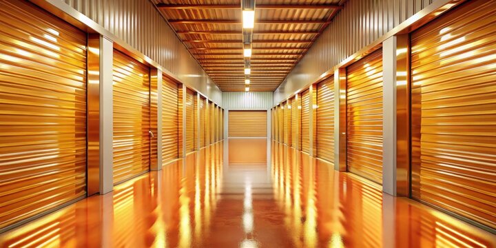 A long corridor of gleaming golden storage units, reflecting light on a polished floor, offers secure and private storage solutions for valuables