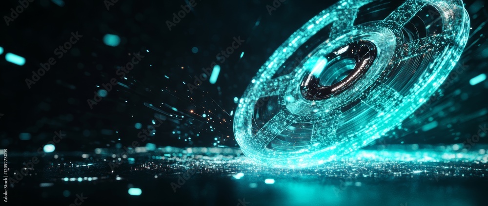 Poster dynamic energy burst from a futuristic holographic disk in a dark environment with glowing particles