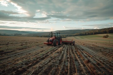 Obraz premium Farmer in tractor preparing land with seedbed cultivator as part of pre seeding activities. Neural network ai generated