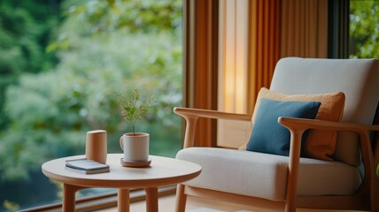 Fototapeta premium A cozy living room featuring a wooden table and soft lighting, perfect for relaxation and gatherings with loved ones.