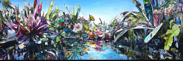 Fototapeta premium Vibrant floral path, surreal garden, butterfly, blue sky. Use website banner