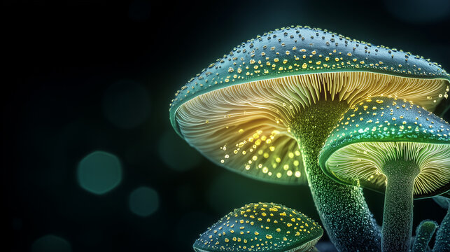 Spore Formation of luminescent mushrooms against a dark background