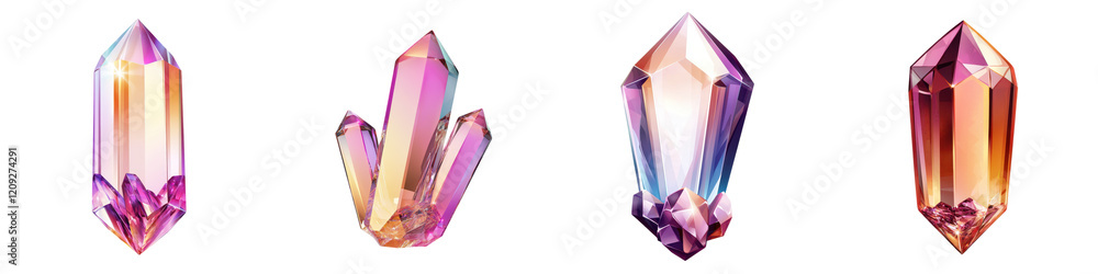 Poster captivating display of colorful faceted crystal formations exhibiting mesmerizing refractive and iri
