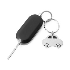Car key with keychain isolated on white, top view. Buying auto