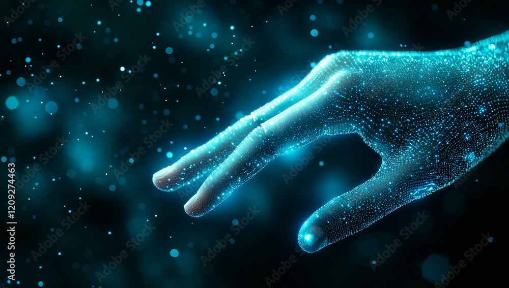 Poster robot hand touching human hand on a dark background in 3d rendering