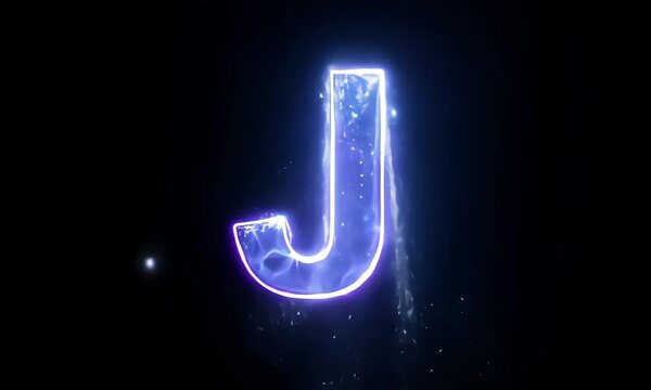 J letter alpahbet blue light with particle stardust glitter isolated symbol on black background 