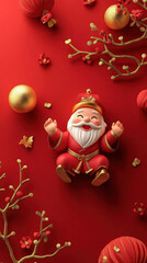 Festive Red Background with Golden Prosperity Tree and Cartoon Wealth God, Greeting Fortune, Wallpaper Design.