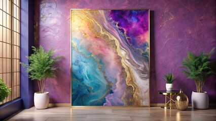 Serene Interior Design Featuring a Large Abstract Canvas with Swirling Hues of Teal, Purple, and Gold Accents, Flanked by Lush Greenery in Modern Planters Against a Textured Wall