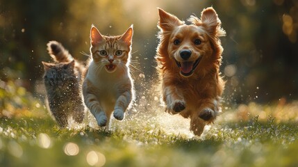 Happy dogs and cat running and jumping in a green lawn on a sunny day with blurred background
